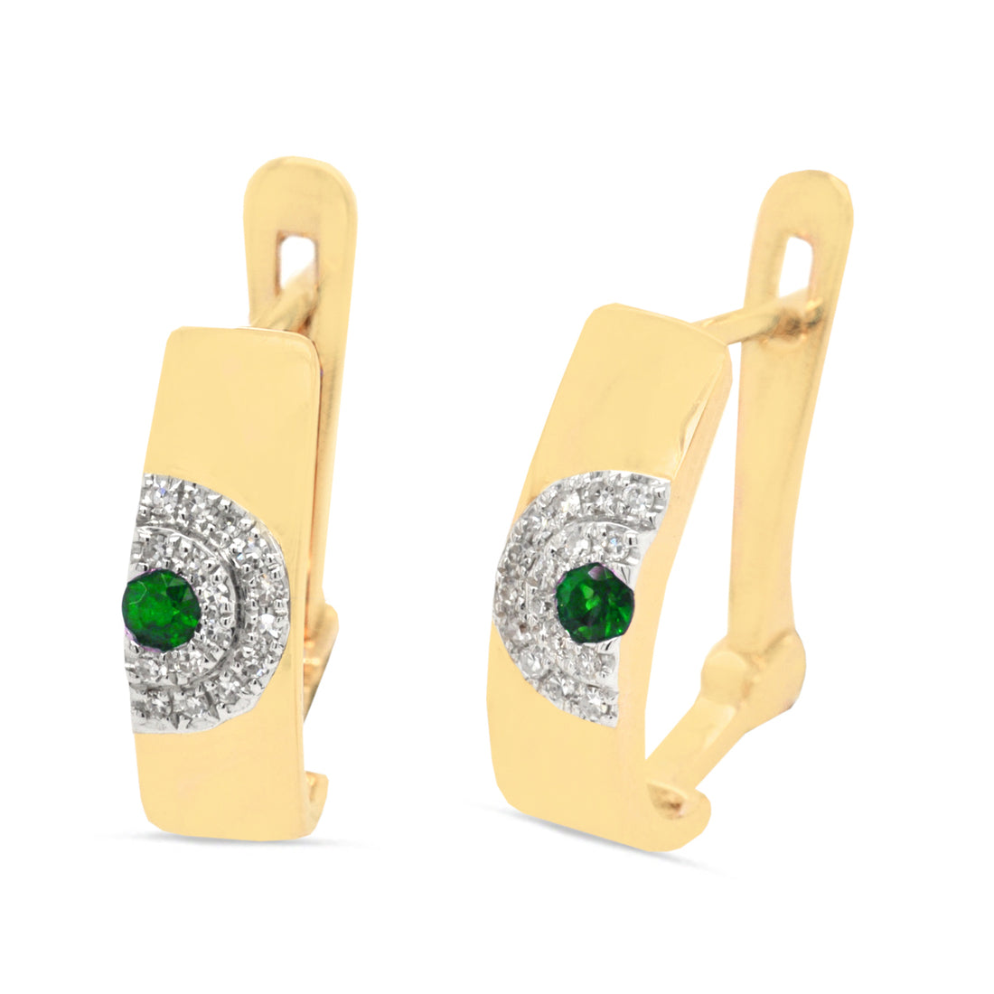 A pair of 18kt gold emerald and diamond earrings with a green emerald centerpiece surrounded by smaller clear diamonds set within a gold band.