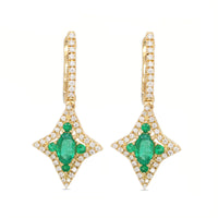 A pair of 18k gold emerald earrings with diamond accents