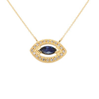 Gold necklace with a marquise-shape blue sapphire center gem and a halo of diamond accents on a white background