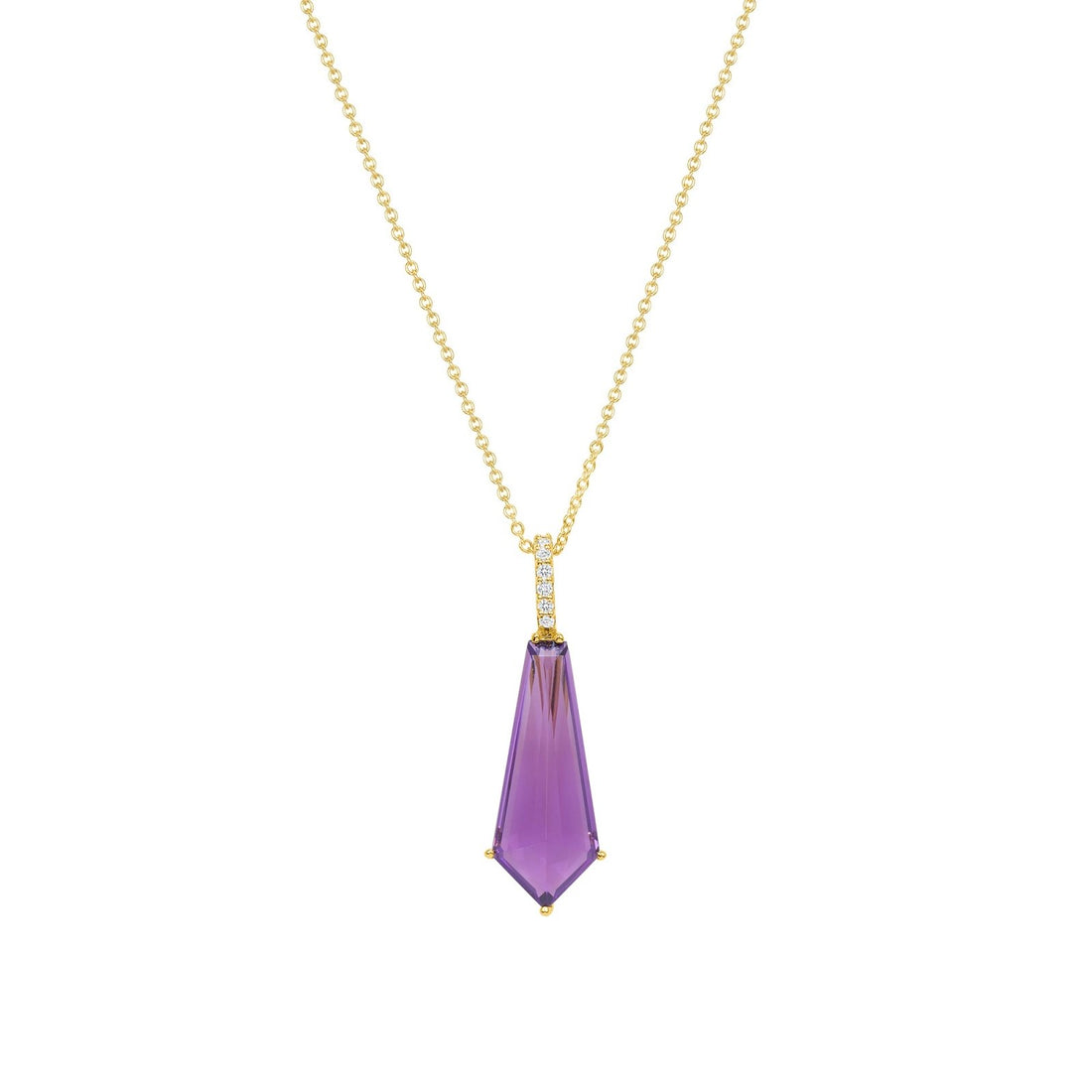 amethyst pendant with diamonds on a gold chain