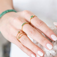 Close-up of a hand wearing gold rings with green gemstones on a white background