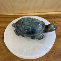 Blue stone turtle on a white stone base on a wooden surface