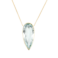 Teardrop-shaped aquamarine pendant on a gold chain against a white background