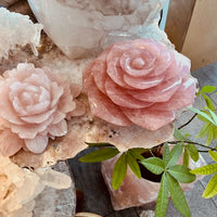 Large rose quartz flowers statement decor crystals on stone table with money plant