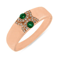 Rose gold Band with 2 round emeralds and manmany small diamonds in arch design