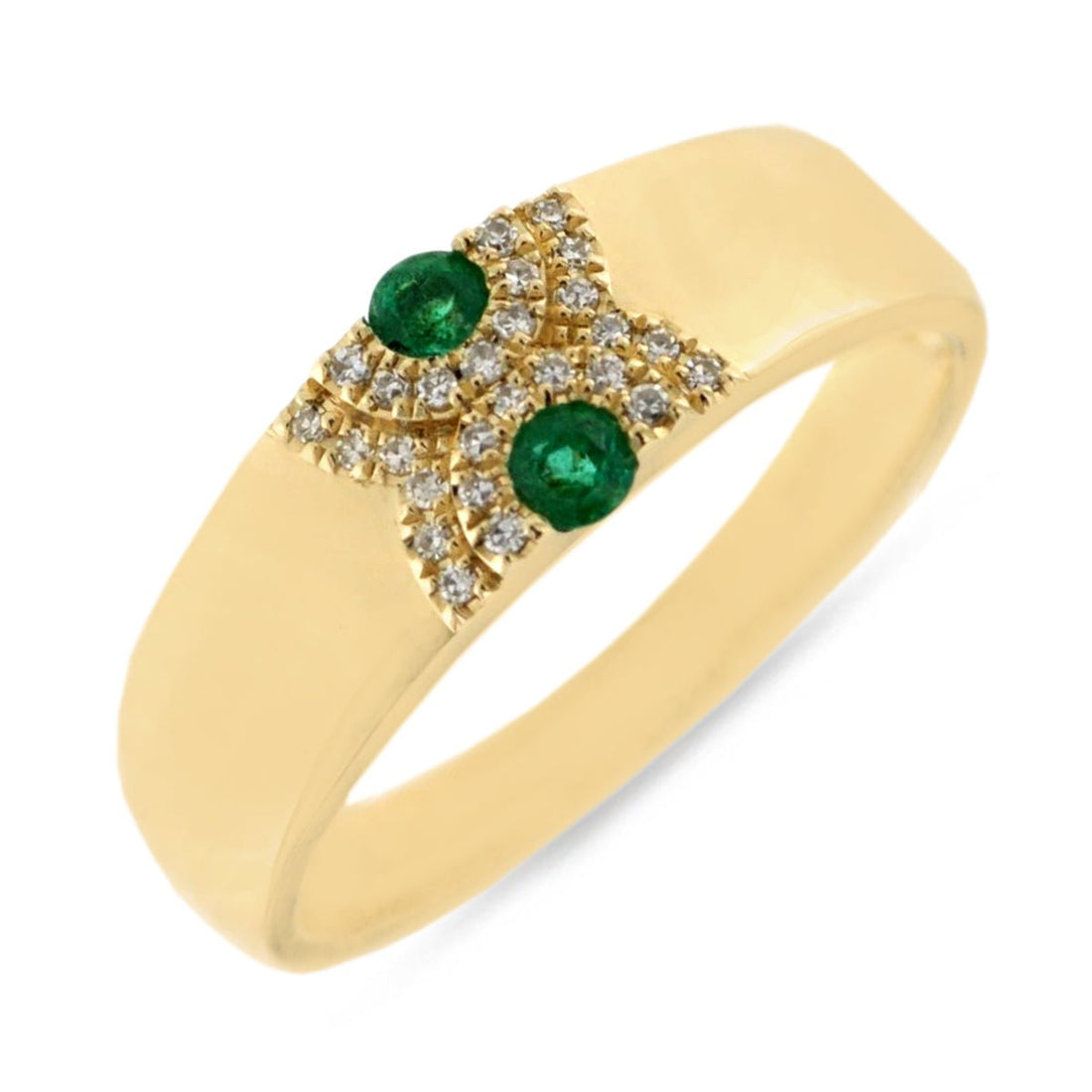 Gold Band with 2 round emeralds and manmany small diamonds in arch design