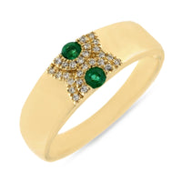 Gold Band with 2 round emeralds and manmany small diamonds in arch design