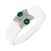 White gold Band with 2 round emeralds and manmany small diamonds in arch design on white background