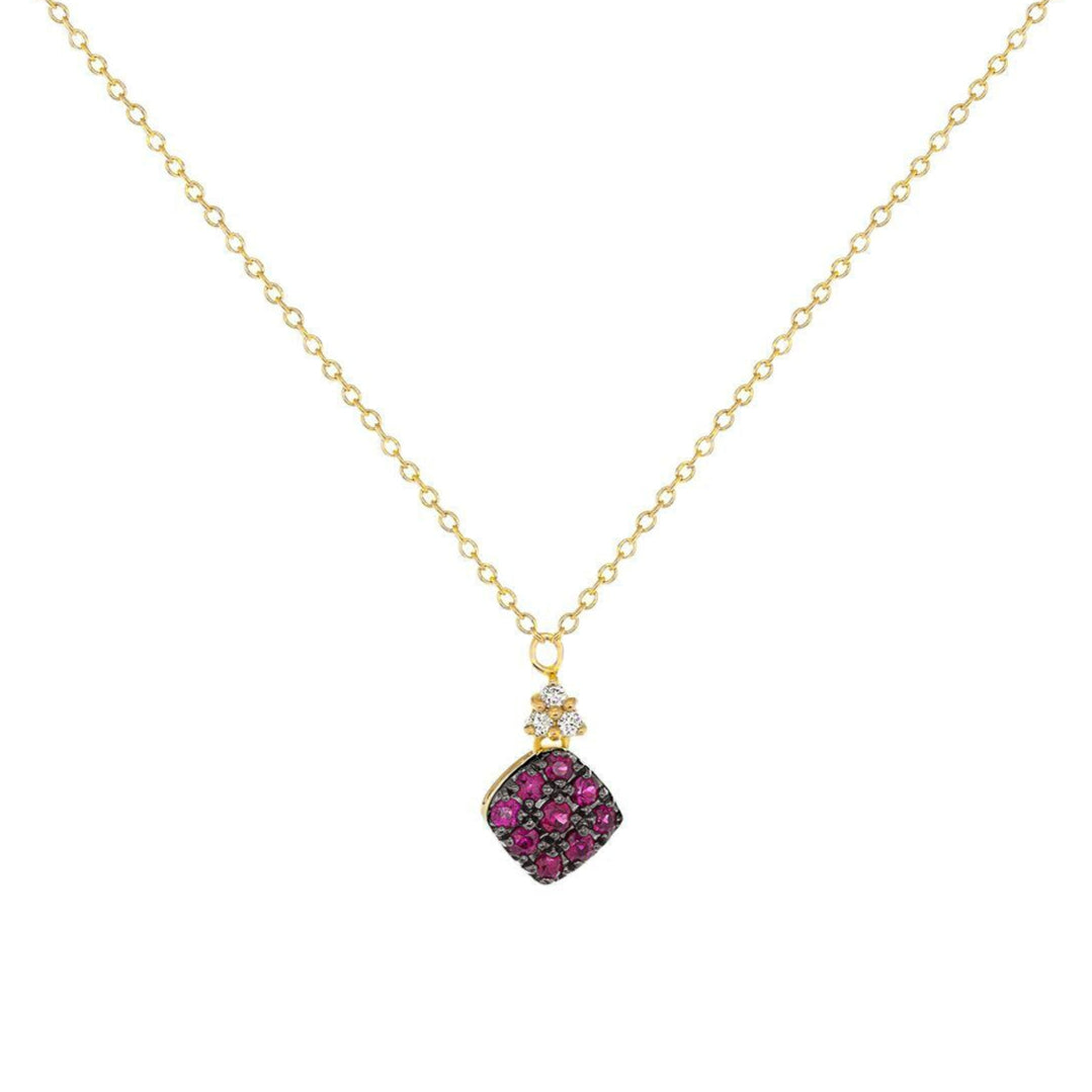 Gold pendant necklace with nine tiny rubies arranged in a diamond shaped bezel