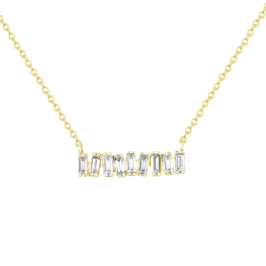 Gold necklace with row of 9 diamond baguettes strung horizontally in a modern  askew fashion.