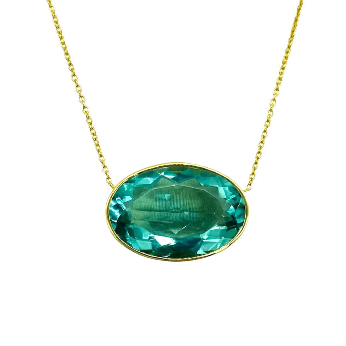 gold necklace with bright teal oval-shaped, bezel-set faceted fluorite gemstone