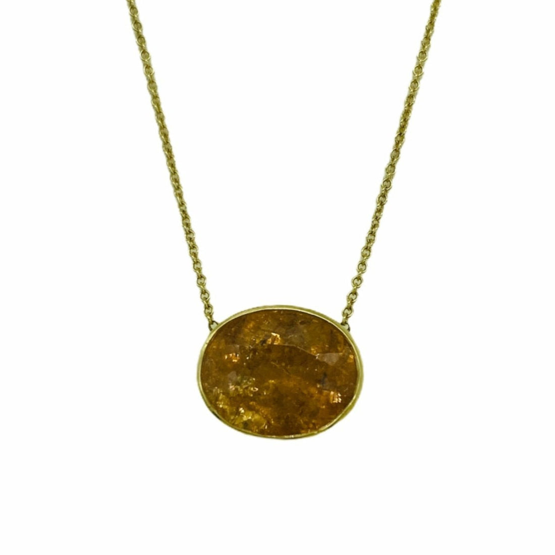 gold necklace with bright amber oval-shaped, bezel-set imperial topaz
