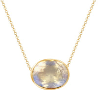 gold necklace with bright irredescent oval-shaped, bezel-set moonstone