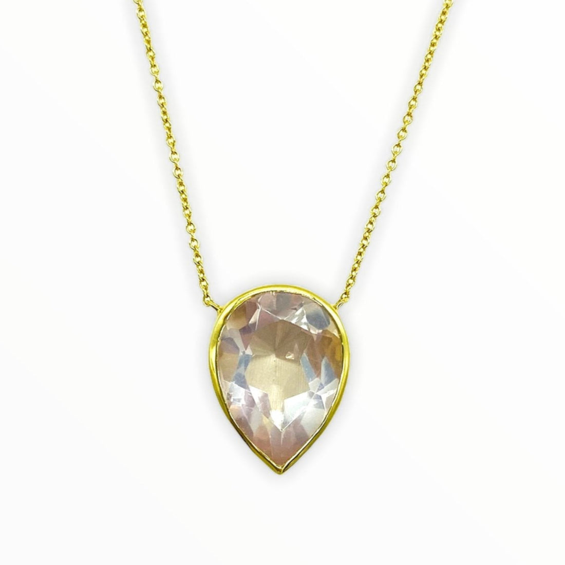 gold necklace with bright irredescent pear-shaped, bezel-set faceted rose quartz gemstone