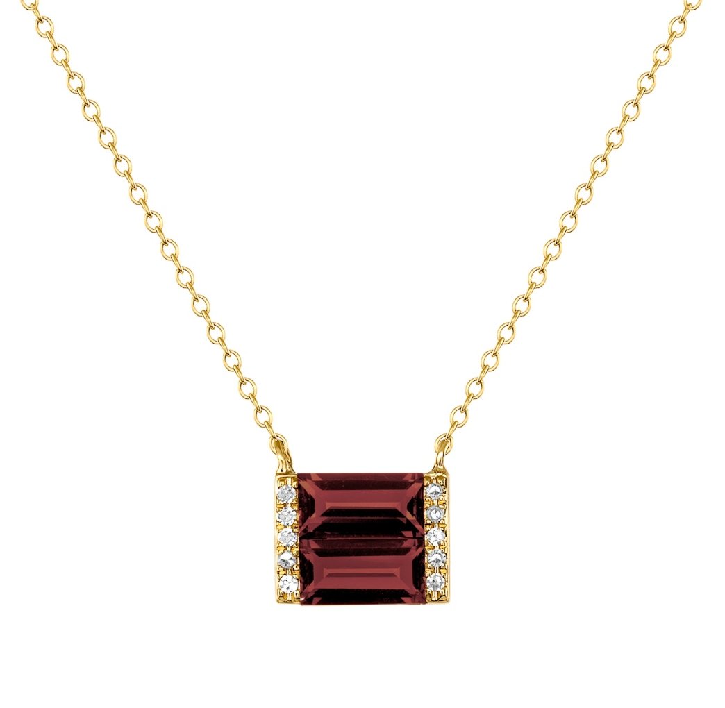 Gold, diamond, and Red Garnetdouble baguette necklace - Ele Keats Jewelry