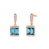 Rose gold earrings each with double blue topaz baguettes surrounded by diamonds- Ele Keats Jewelry