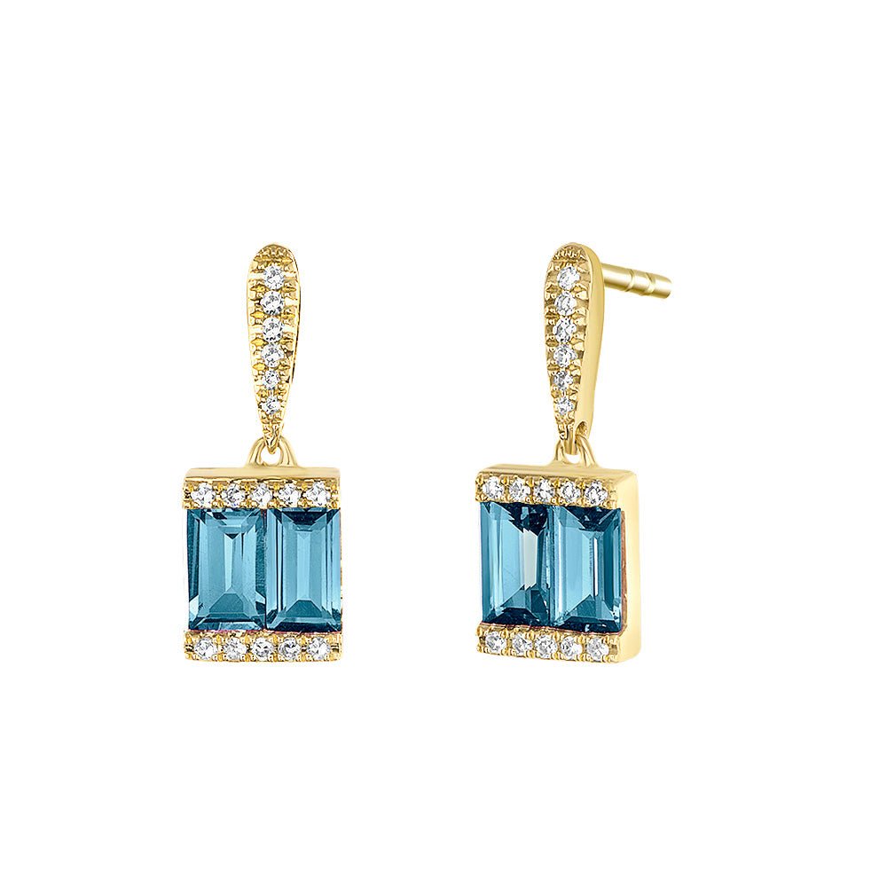 Gold earrings each with double blue topaz baguettes surrounded by diamonds- Ele Keats Jewelry