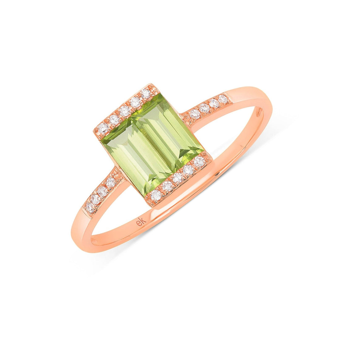 Rose gold ring with double Peridot baguettes with diamond bar top and bottom and diamonds each side of the band