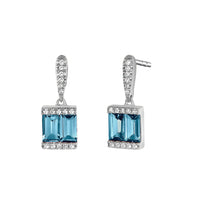 White gold earrings each with double blue topaz baguettes surrounded by diamonds- Ele Keats Jewelry