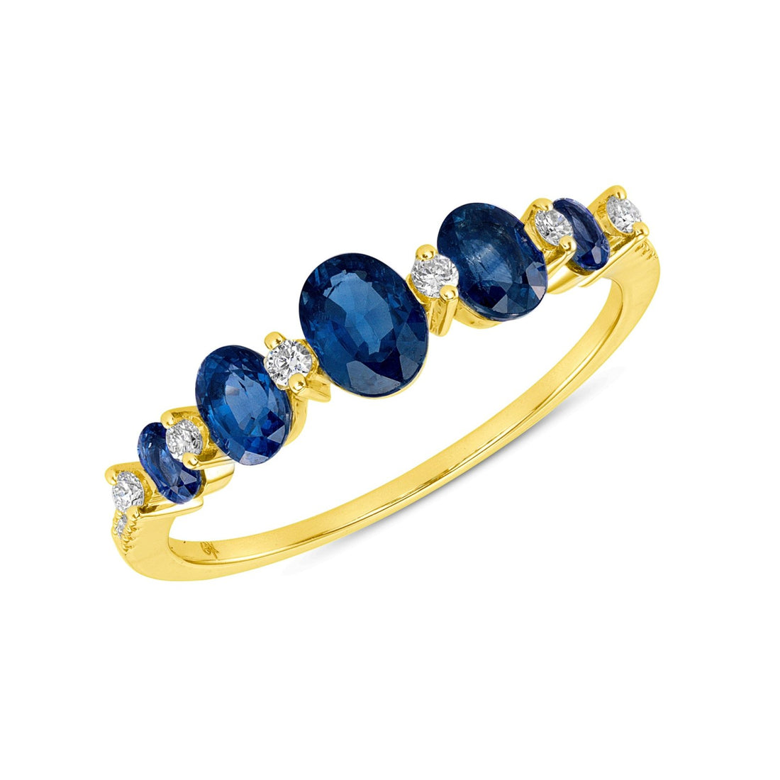 Gold ring set with 5 oval blue sapphires and separated by diamonds