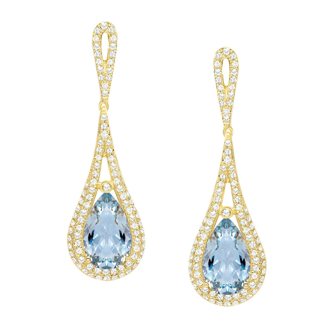 pair of tear drop gold earrings with pear shaped aquamarines and surrounded by diamonds