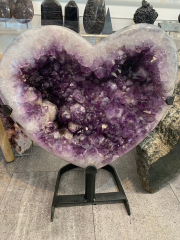Large Hand Carved Amethyst Heart on stand