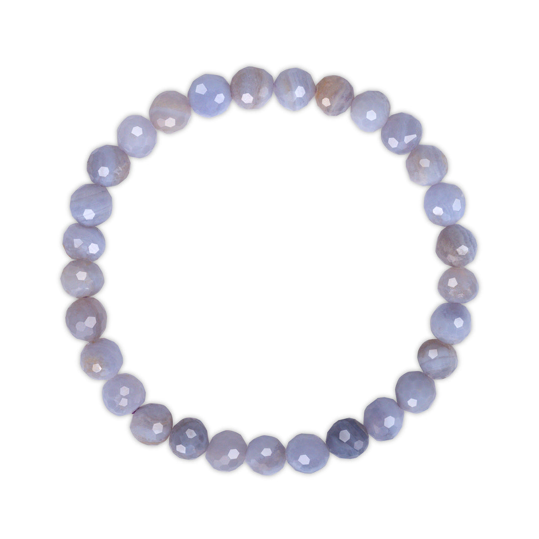 Round faceted beaded bracelet with a gradient of purple and gray on a white background
