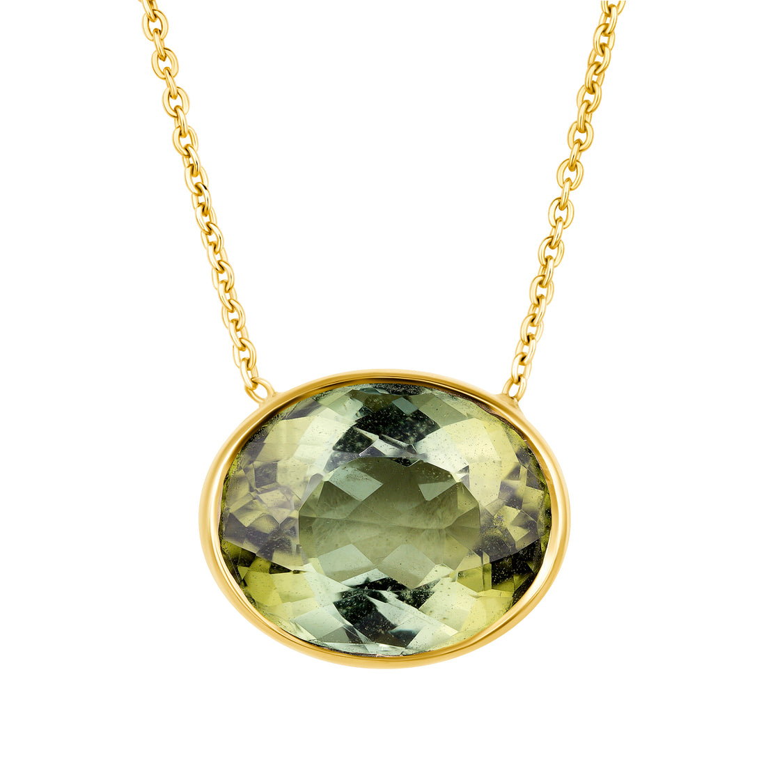 Gold necklace with a green gemstone pendant on a white background