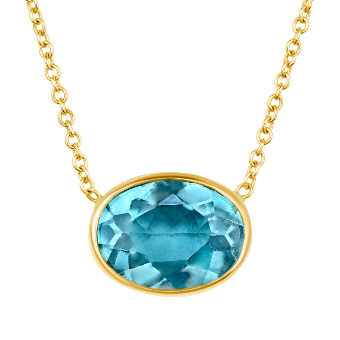 Gold necklace with a blue gemstone pendant on a white background