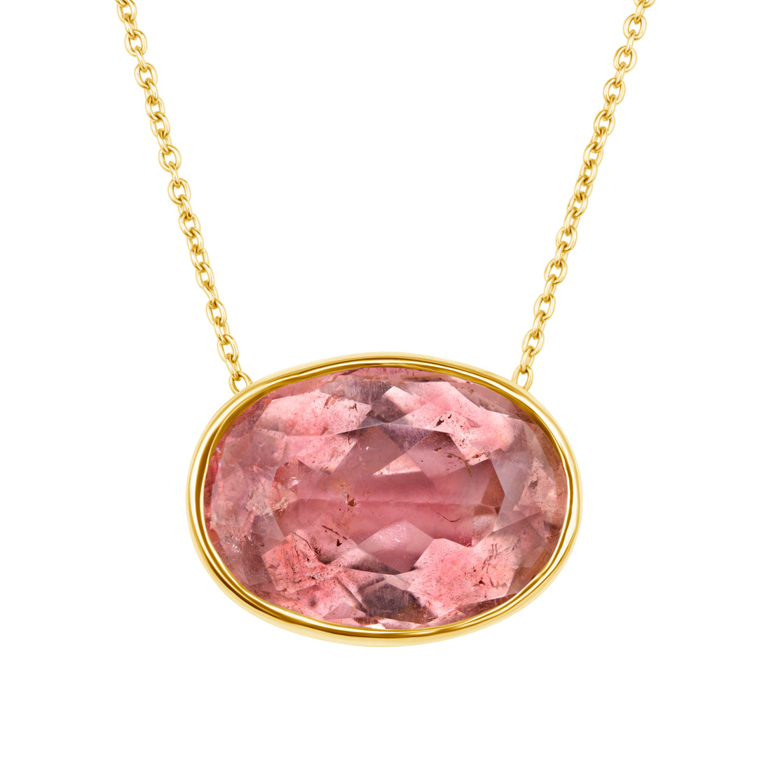 Necklace with a pink stone pendant on a gold chain against a white background