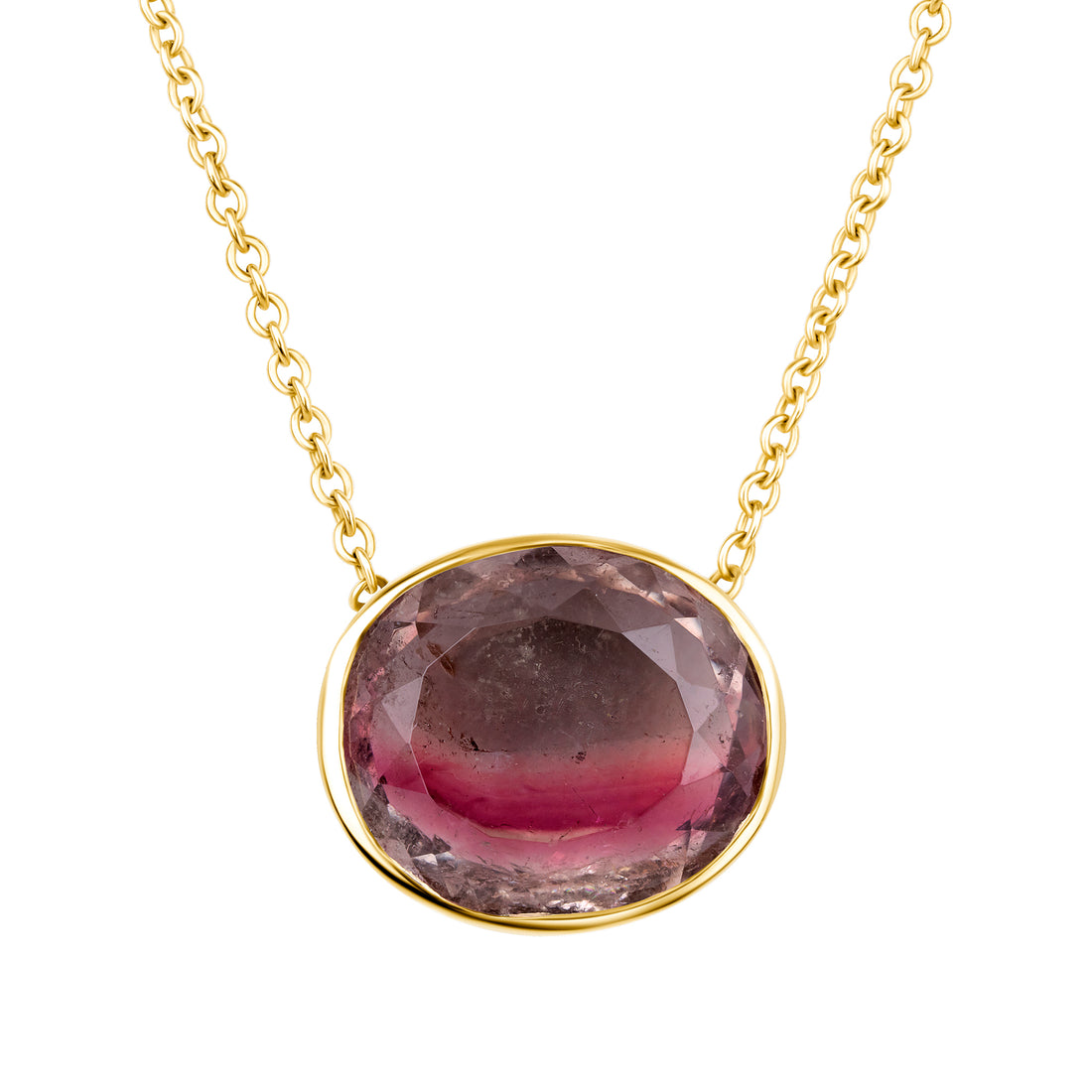 Necklace with a red and green watermelon tourmaline gemstone pendant on a gold chain against a white background