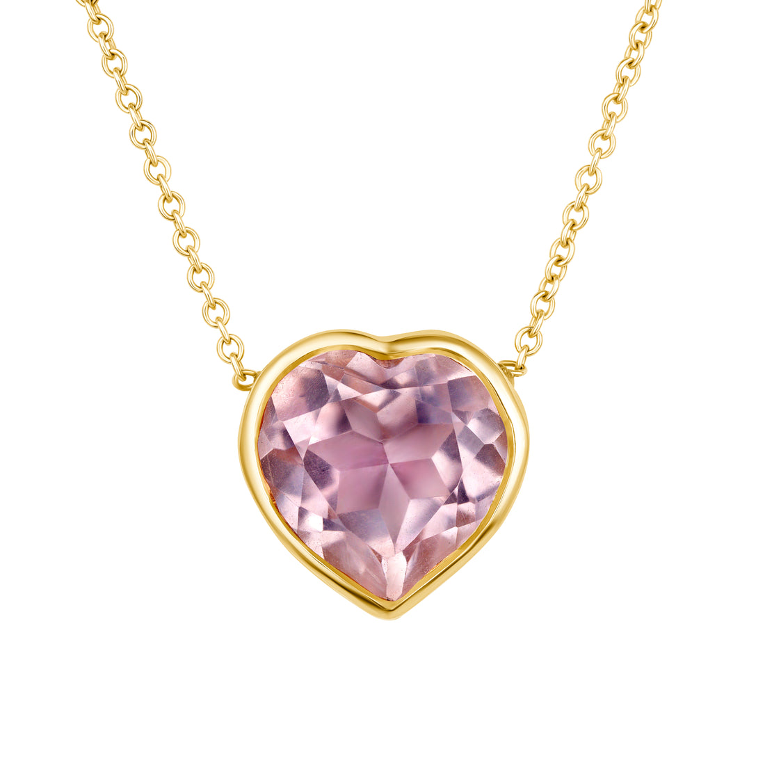 Necklace with a heart-shaped pink gemstone pendant on a white background
