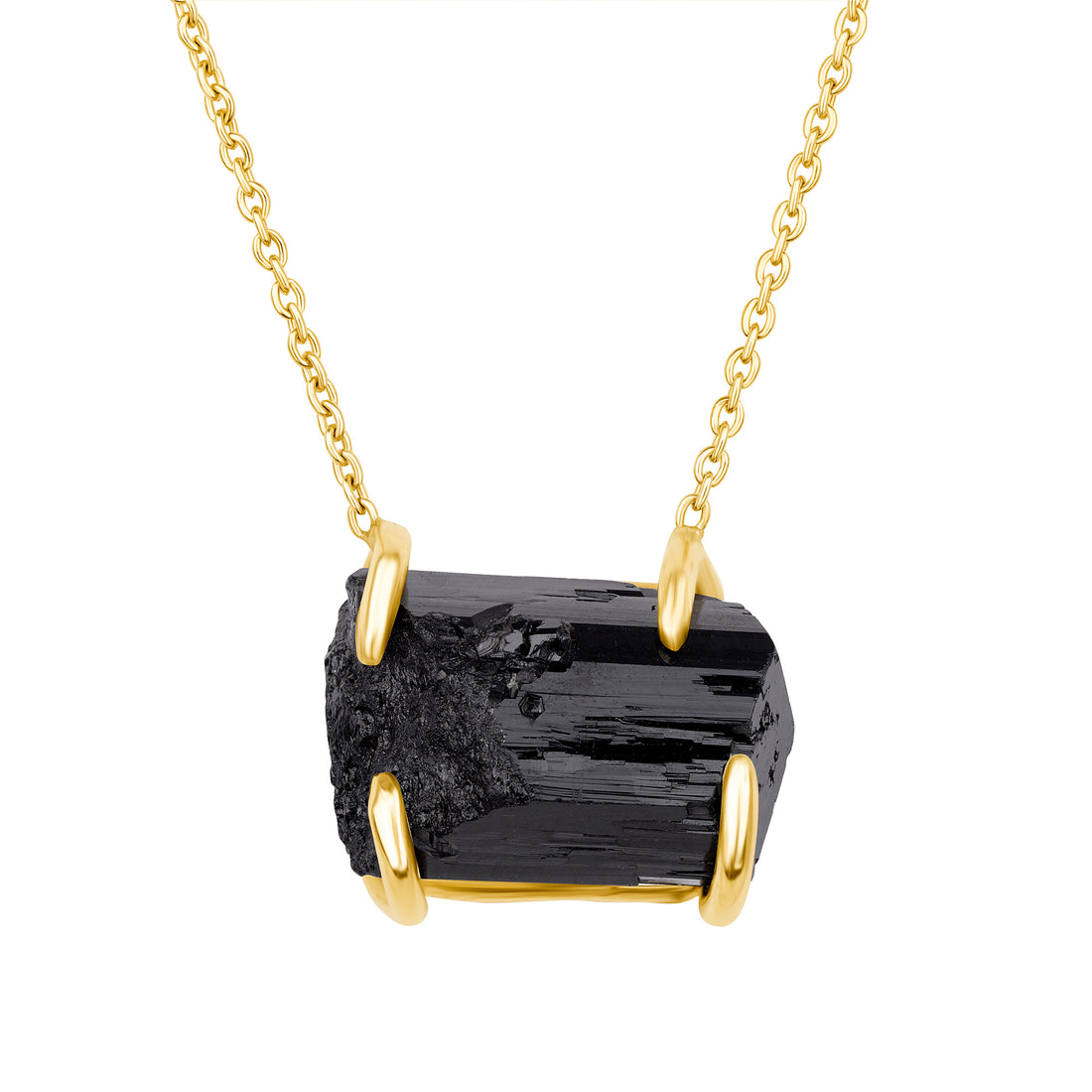 Necklace with a large black tourmaline crystal pendant on a gold chain against a white background