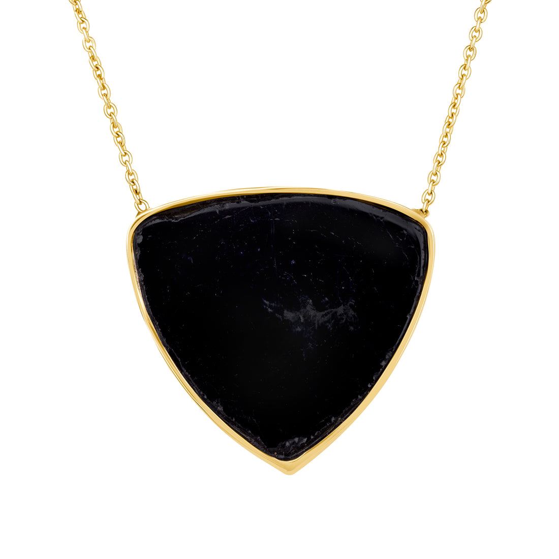 Necklace with a large black triangular pendant on a gold chain against a white background