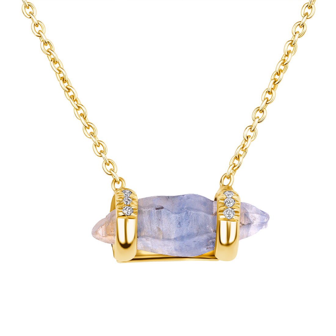 Necklace with a double tourminated blue and clear crystal pendant and gold chain on a white background