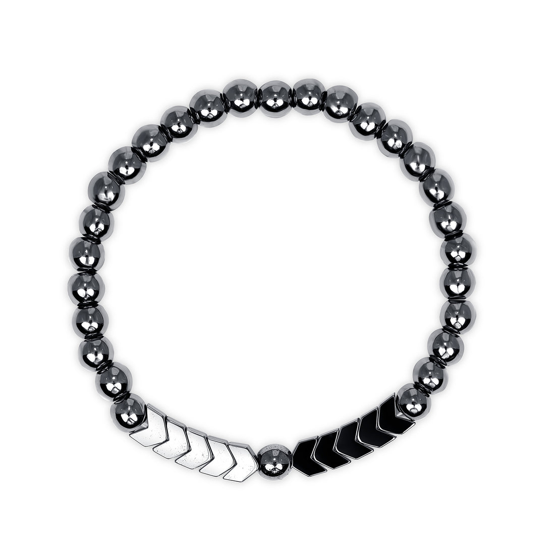Dark hematite beaded bracelet with 5 silver arrow-shaped beads on a white background