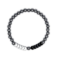 Dark hematite beaded bracelet with 5 silver arrow-shaped beads on a white background