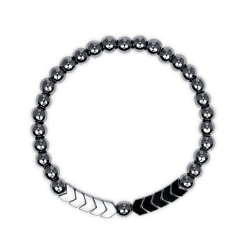 Dark hematite beaded bracelet with 5 silver arrow-shaped beads on a white background