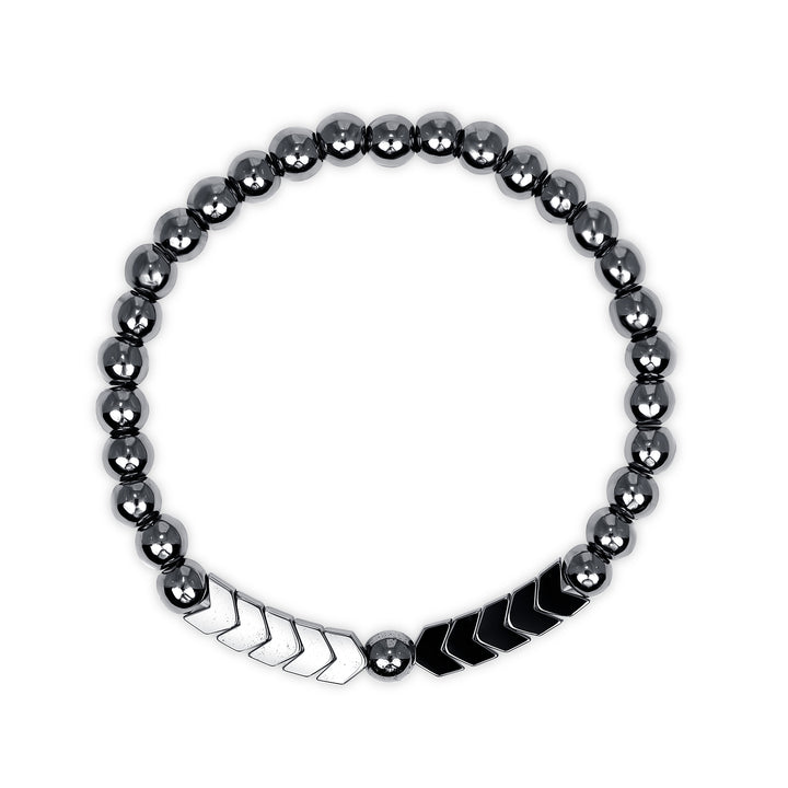 Dark hematite beaded bracelet with 5 silver arrow-shaped beads on a white background