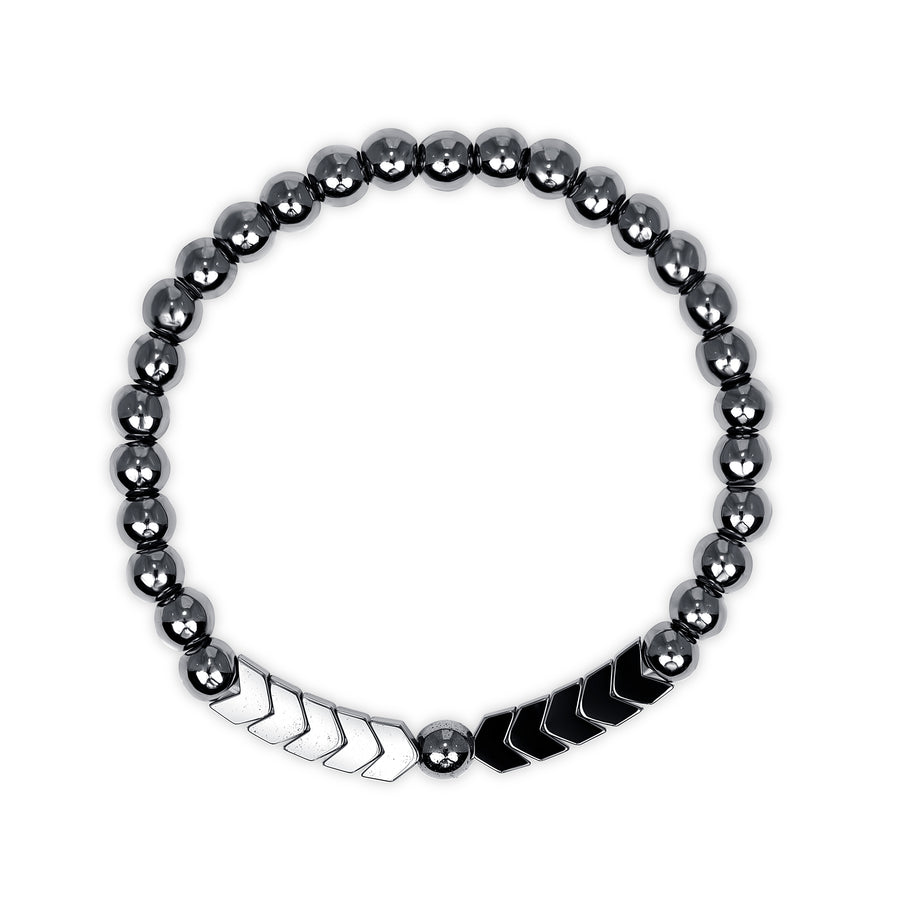 Dark hematite beaded bracelet with 5 silver arrow-shaped beads on a white background