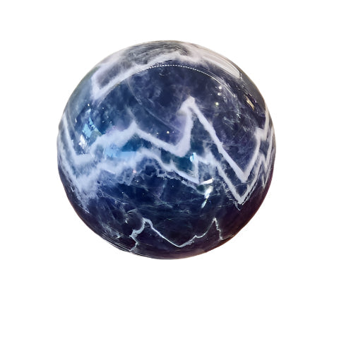Purple chevron amethyst sphere on a against a white background