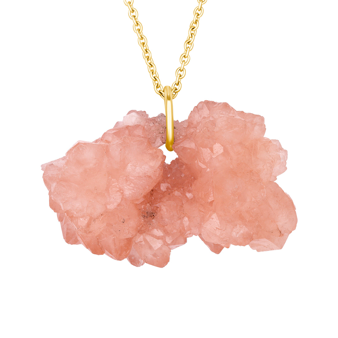 Necklace with a large natural pink crystal pendant on a white background