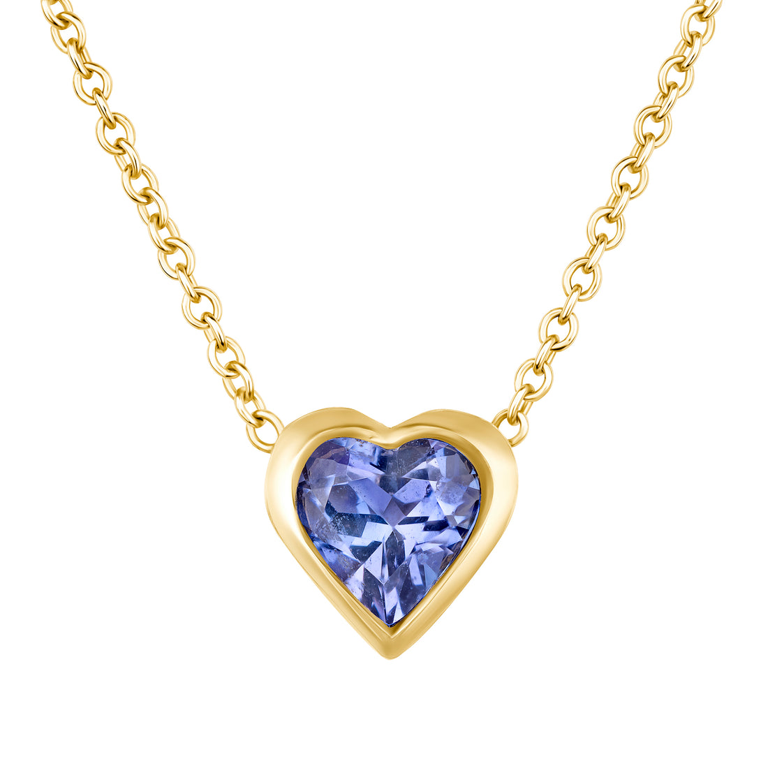 Gold necklace with a heart-shaped pendant featuring a periwinkle gemstone on a white background
