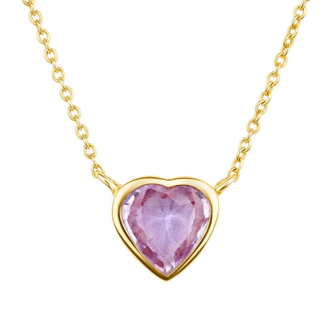 Gold necklace with a heart-shaped pink gemstone pendant on a white background