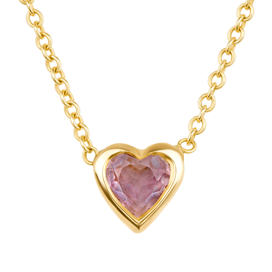 Gold necklace with a heart-shaped pink gemstone pendant on a white background