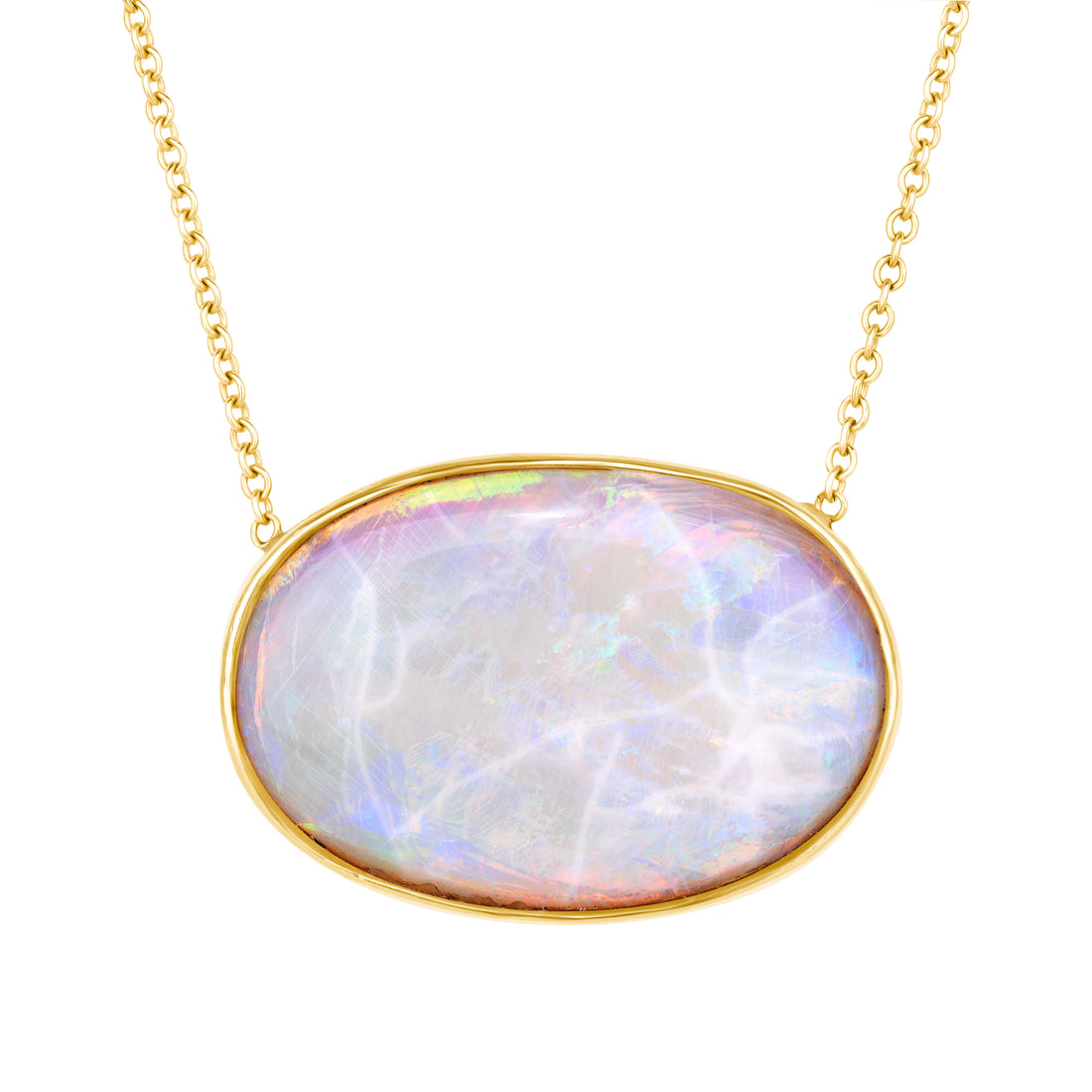 Necklace with a large, oval, opal stone pendant on a gold chain against a white background.