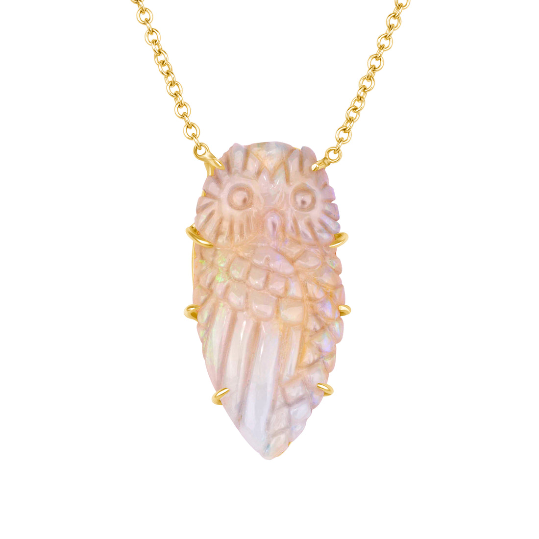 Necklace with an owl moonstone carving pendant on a white background