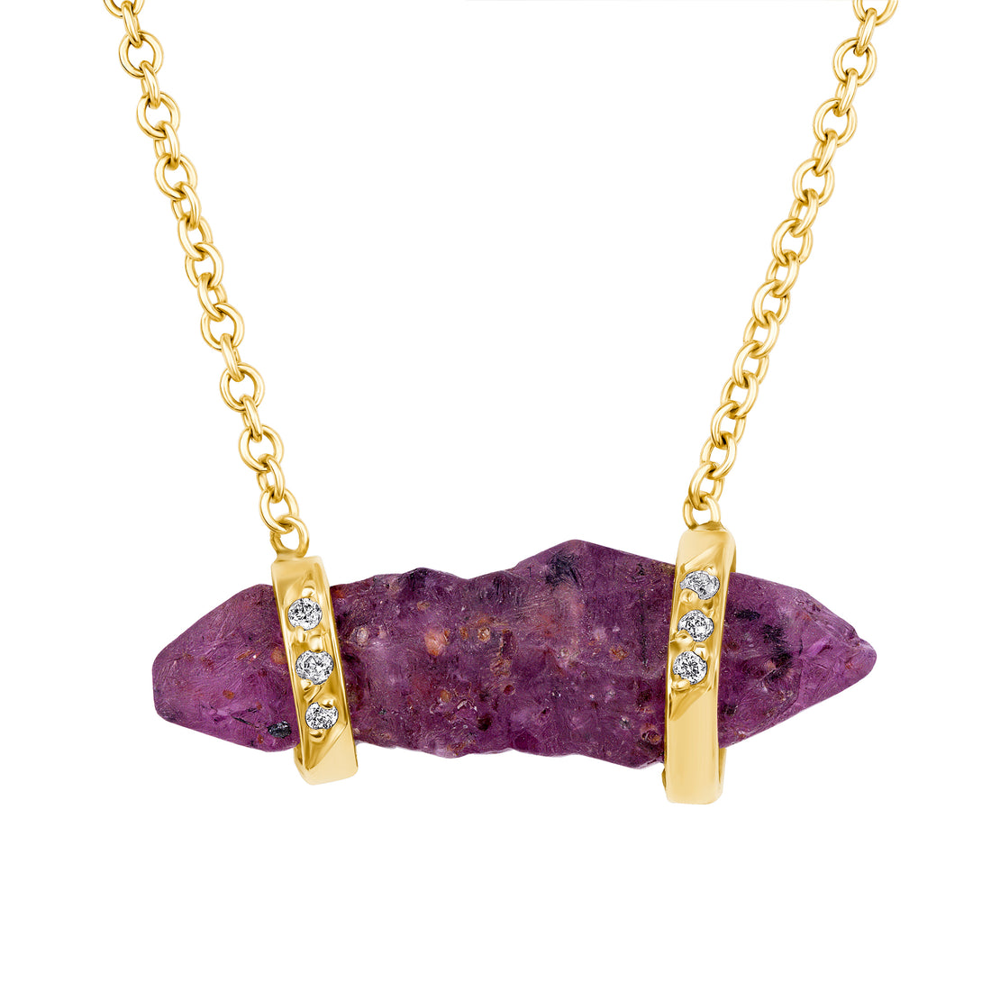 Wine colored crystal pendant with gold accents on a white background