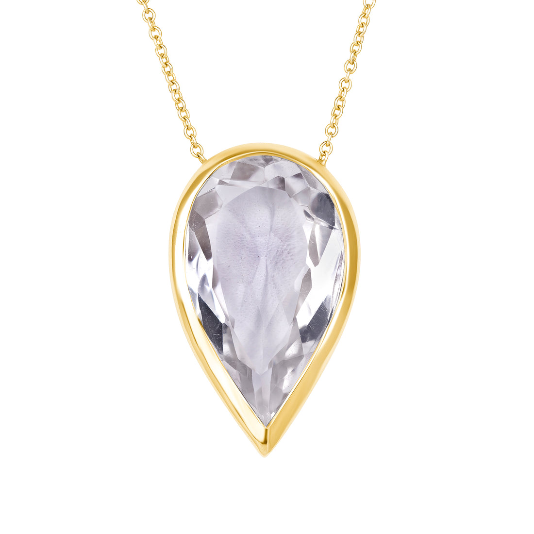 Gold necklace with a clear teardrop-shaped pendant on a white background
