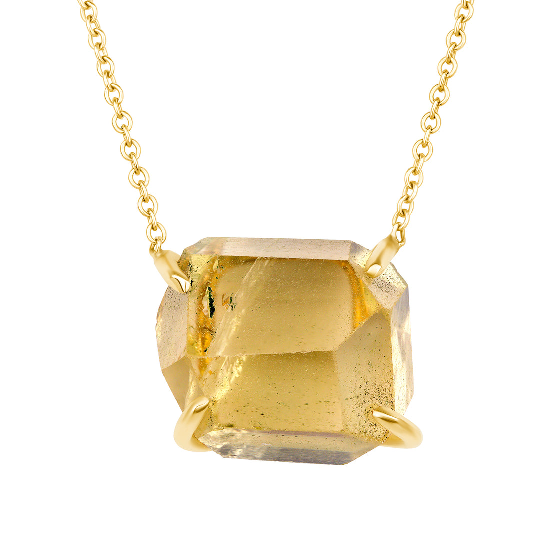 Gold necklace with a large, faceted golden gemstone pendant on a white background